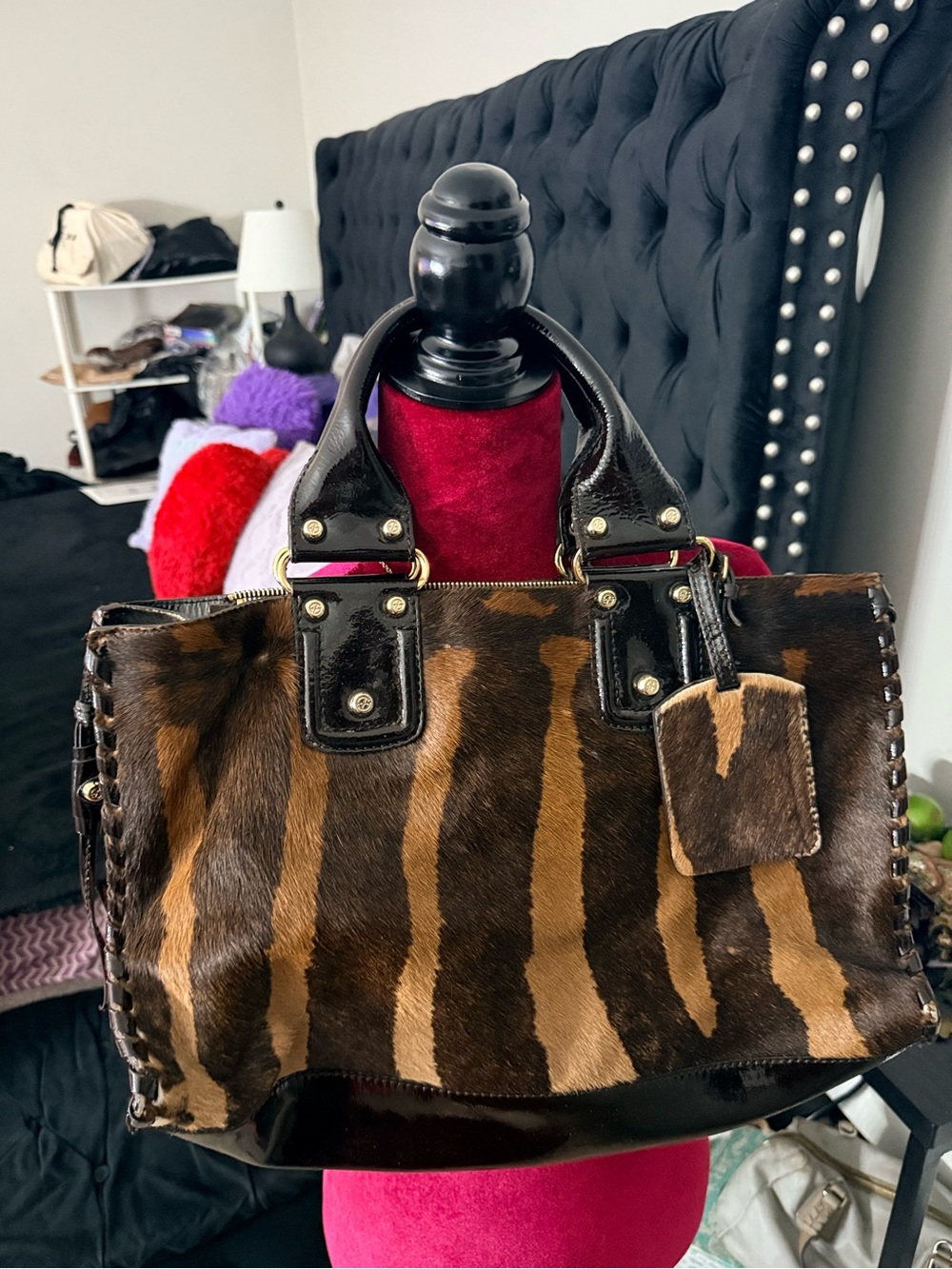 Francesco Biasia Hair-On Hide Patent Leather Zebra Satchel Handbag